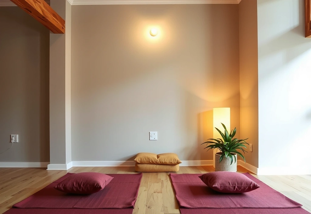 A peaceful meditation corner with cushions and a small plant.