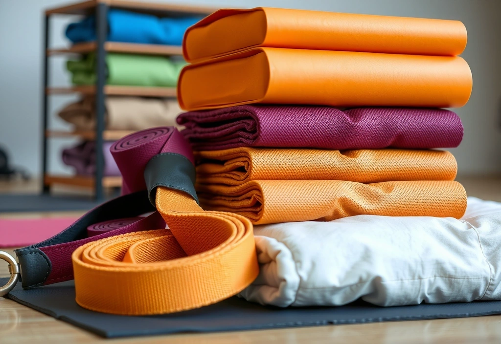 A close-up of yoga props like blocks, straps, and blankets neatly stacked.