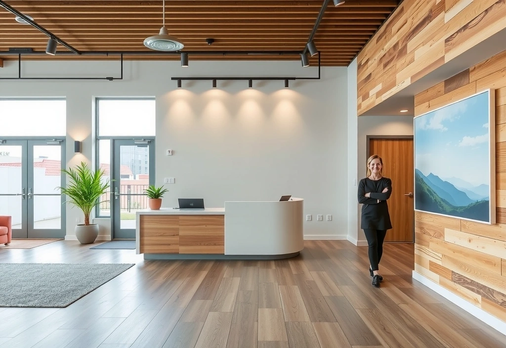 The welcoming reception area of the YogaSoul studio with natural decor.