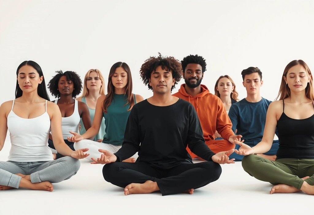 Group meditating in a serene setting