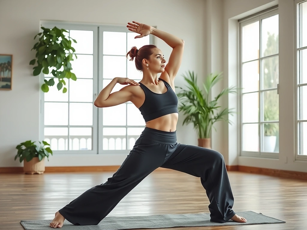 Woman in Warrior II pose in a bright studio