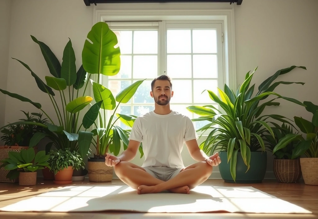 Person meditating calmly in a sunlit room, surrounded by lush green plants, conveying tranquility.