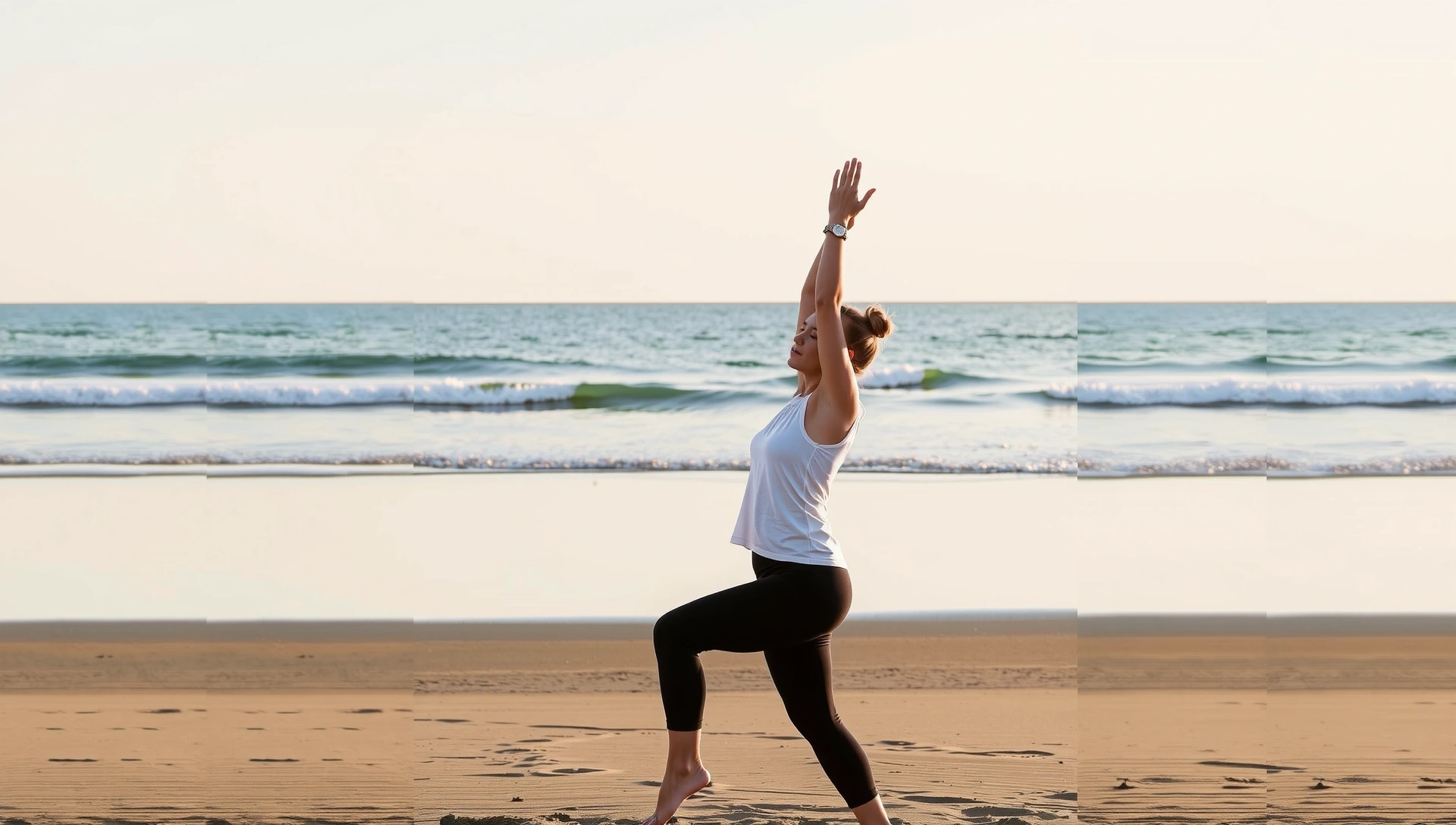 Serene woman in a graceful yoga pose on a tranquil beach at sunrise, embodying peace and balance.