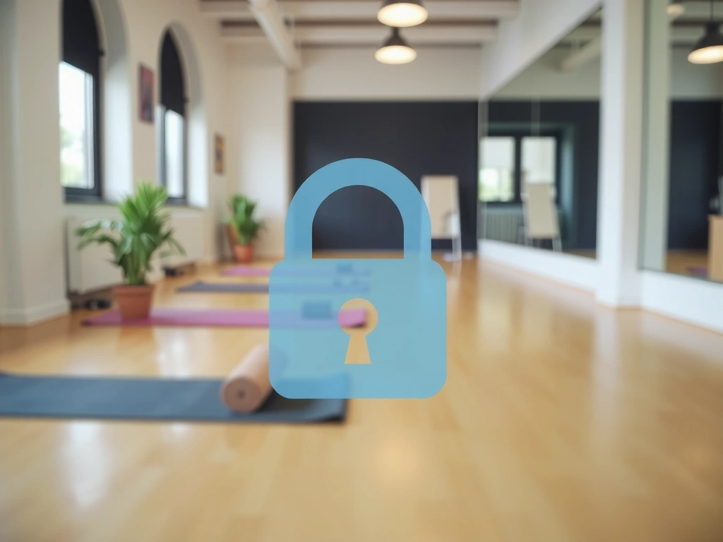 Digital privacy lock icon over a blurred background of yoga mats, representing data security.