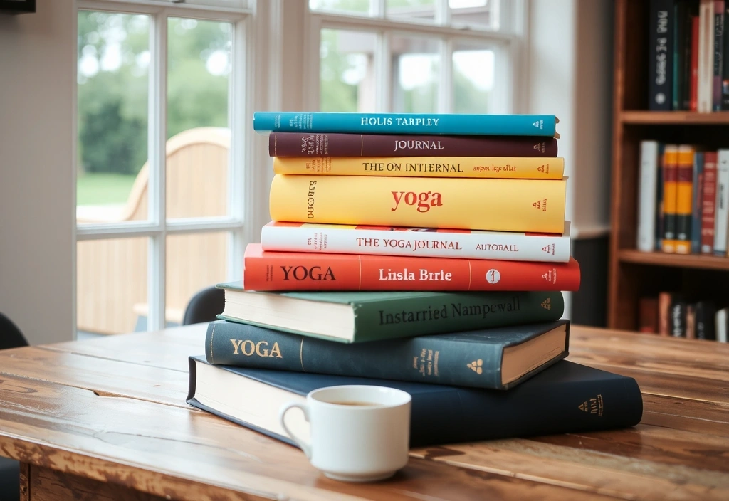 A stack of colorful yoga books and journals
