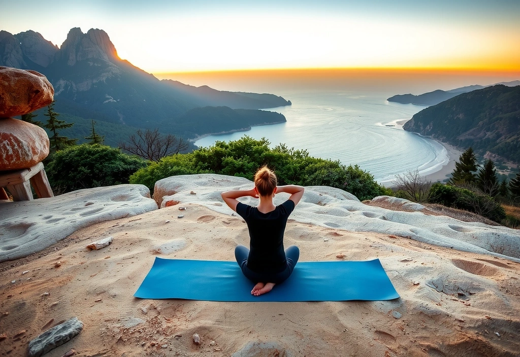A beautiful landscape with a single yoga mat, inviting practice