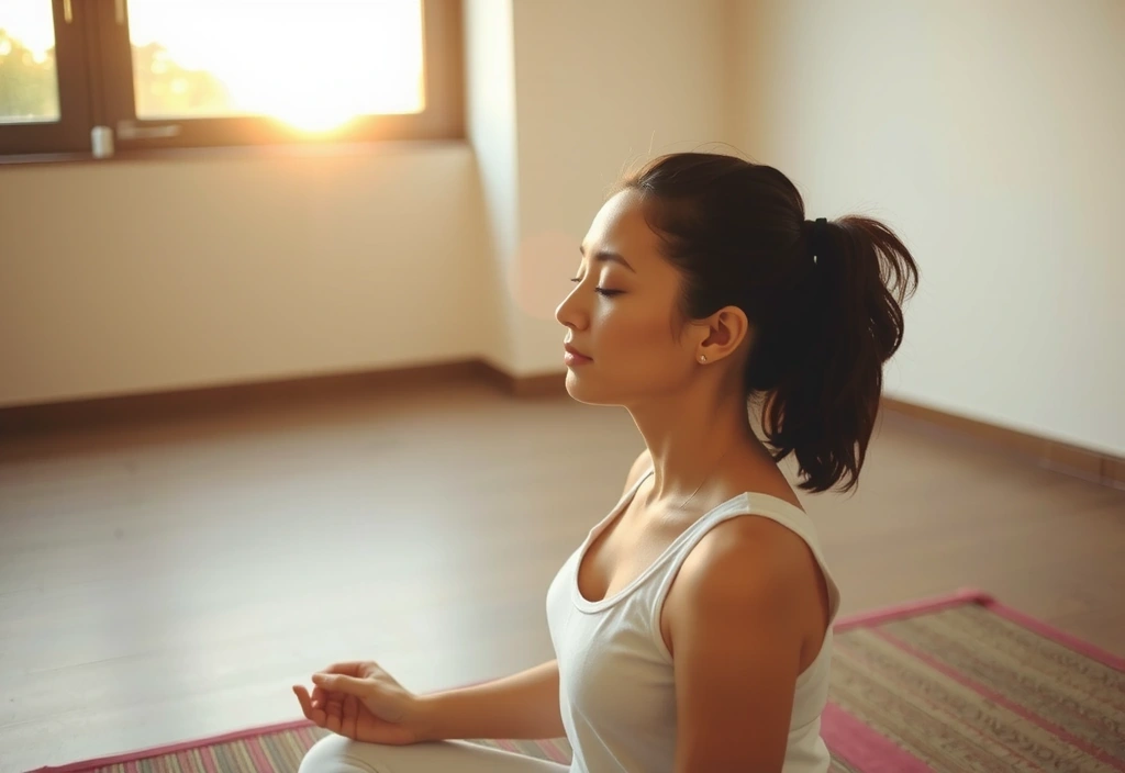 A woman in a peaceful meditation pose in a sunlit room