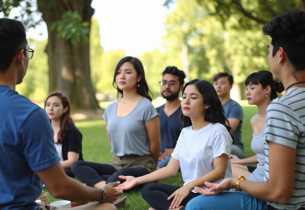 Group of people practicing meditation outdoors