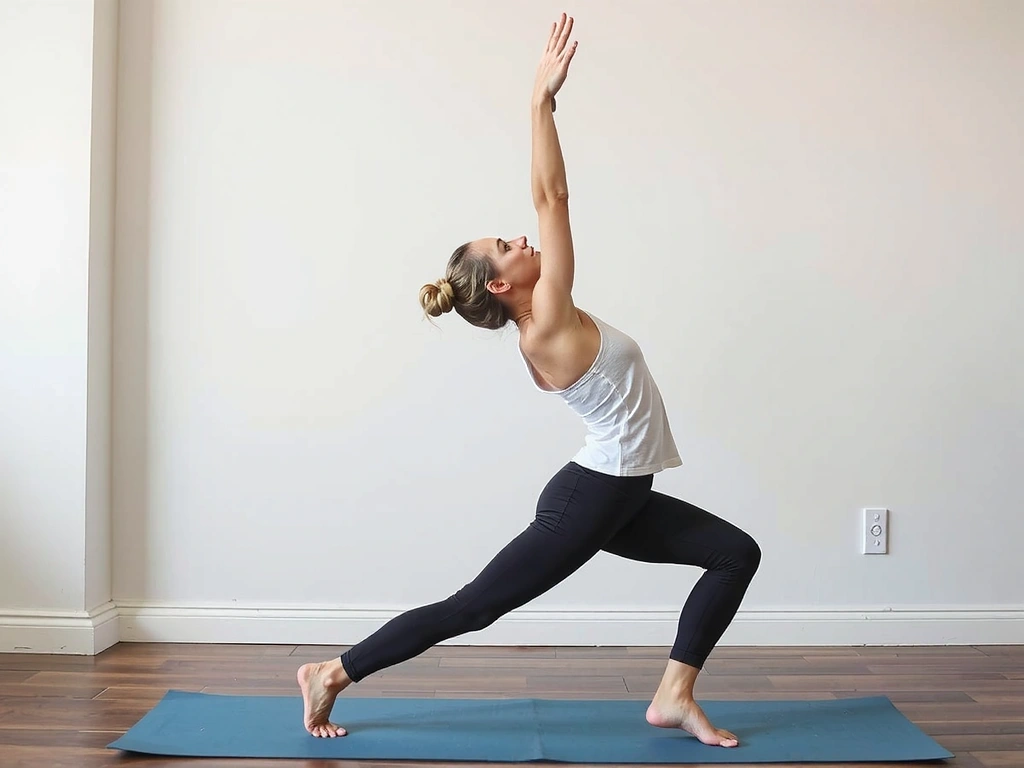 A person holding a steady, calm Hatha yoga pose, emphasizing proper alignment, in a studio with soft lighting.
