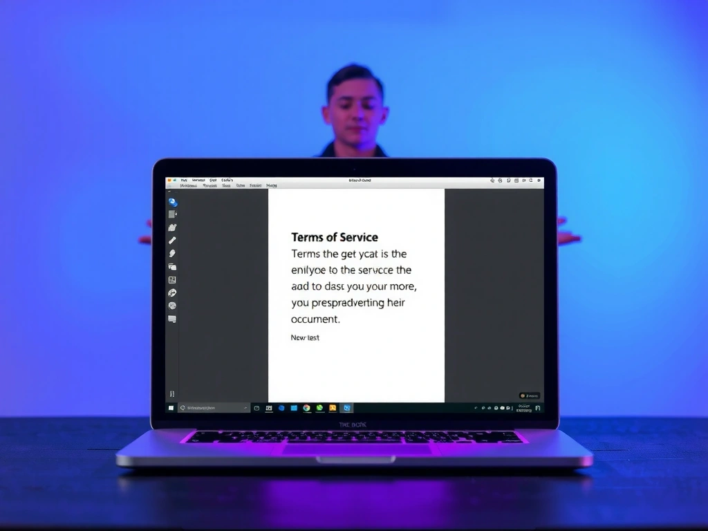 A laptop screen displaying a 'Terms of Service' document with a blurred background of a person meditating, symbolizing digital and spiritual balance.