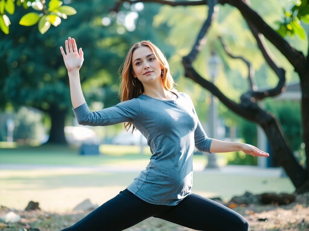 Woman in tree pose with serene expression