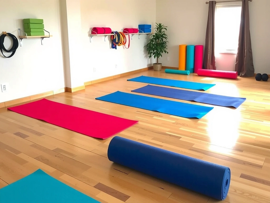 Yoga props and mats neatly arranged